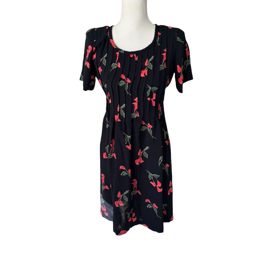 Vtg 90s Molly Malloy Black pink Floral Dress waist tie smocked petite 8 8p cute